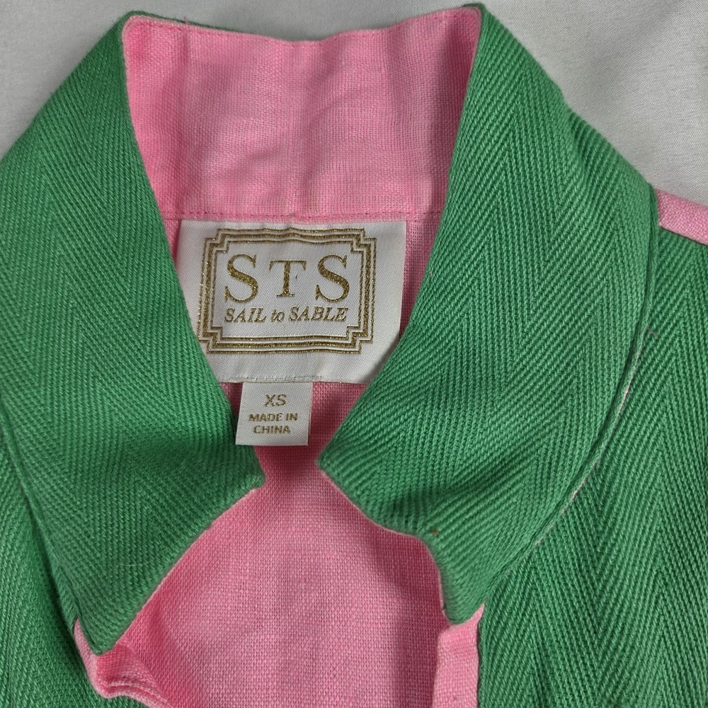 STS Sail To Sable Linen Dress 60s Inspired Pink & Green Sleeveless  XS - Picture 2 of 8